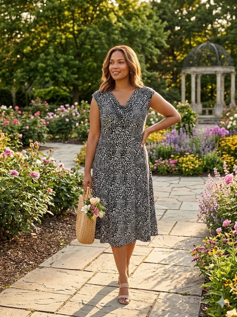 American Living Black and White Floral Cap-Sleeve Midi Dress